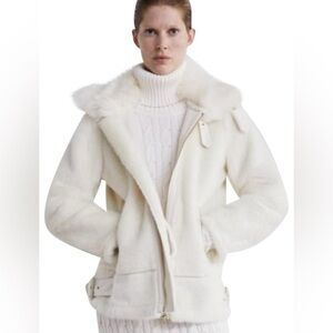 Zara White Teddy Fur Winter White Biker Coat Jacket Size Small With Fur Collar